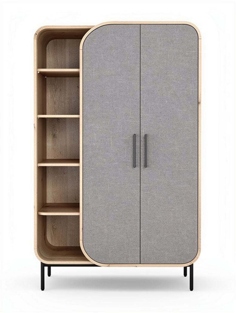 Fabric-covered storage cabinet with wooden shelves and rounded edges 80 x 40 x 180cm
