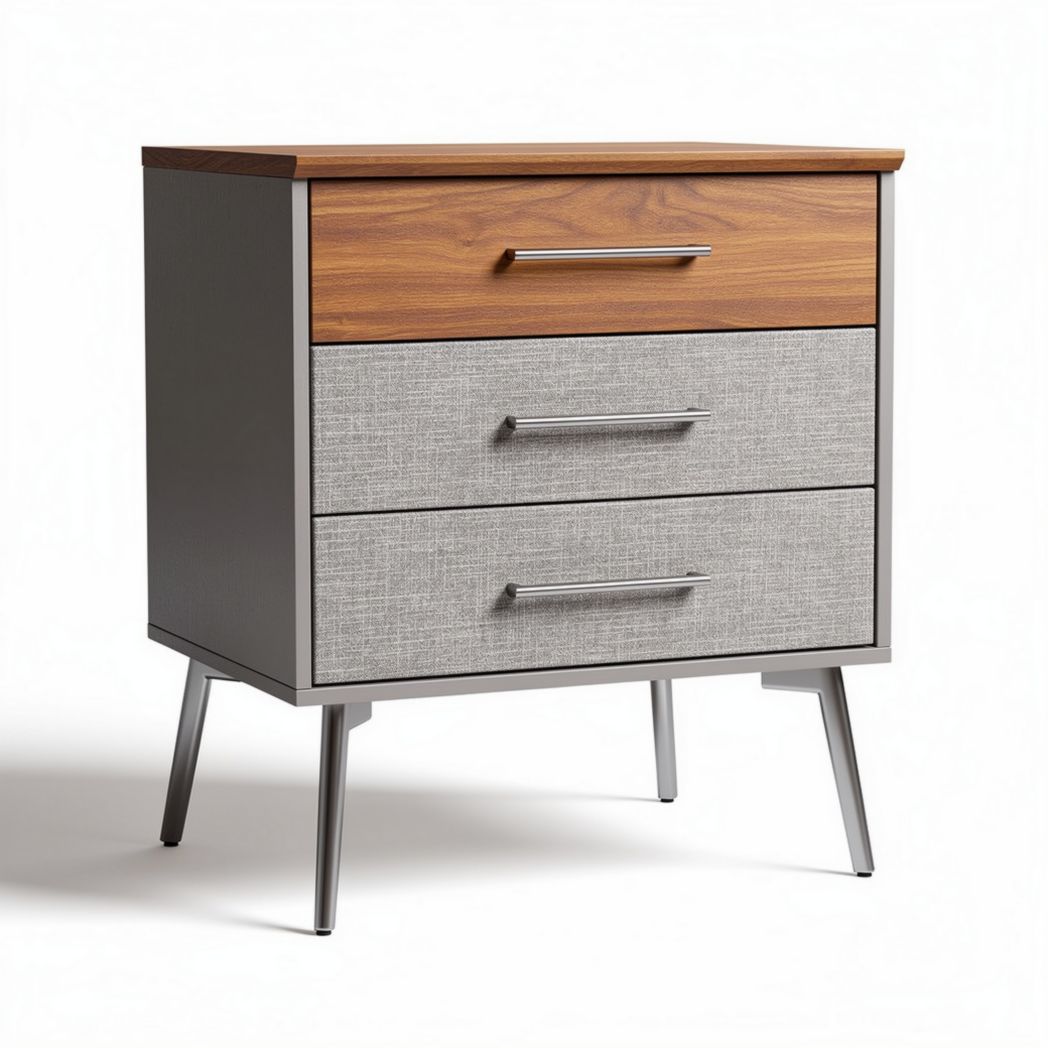 Modern nightstand with three drawers in grey and wood finish 60 x 40 x 75cm
