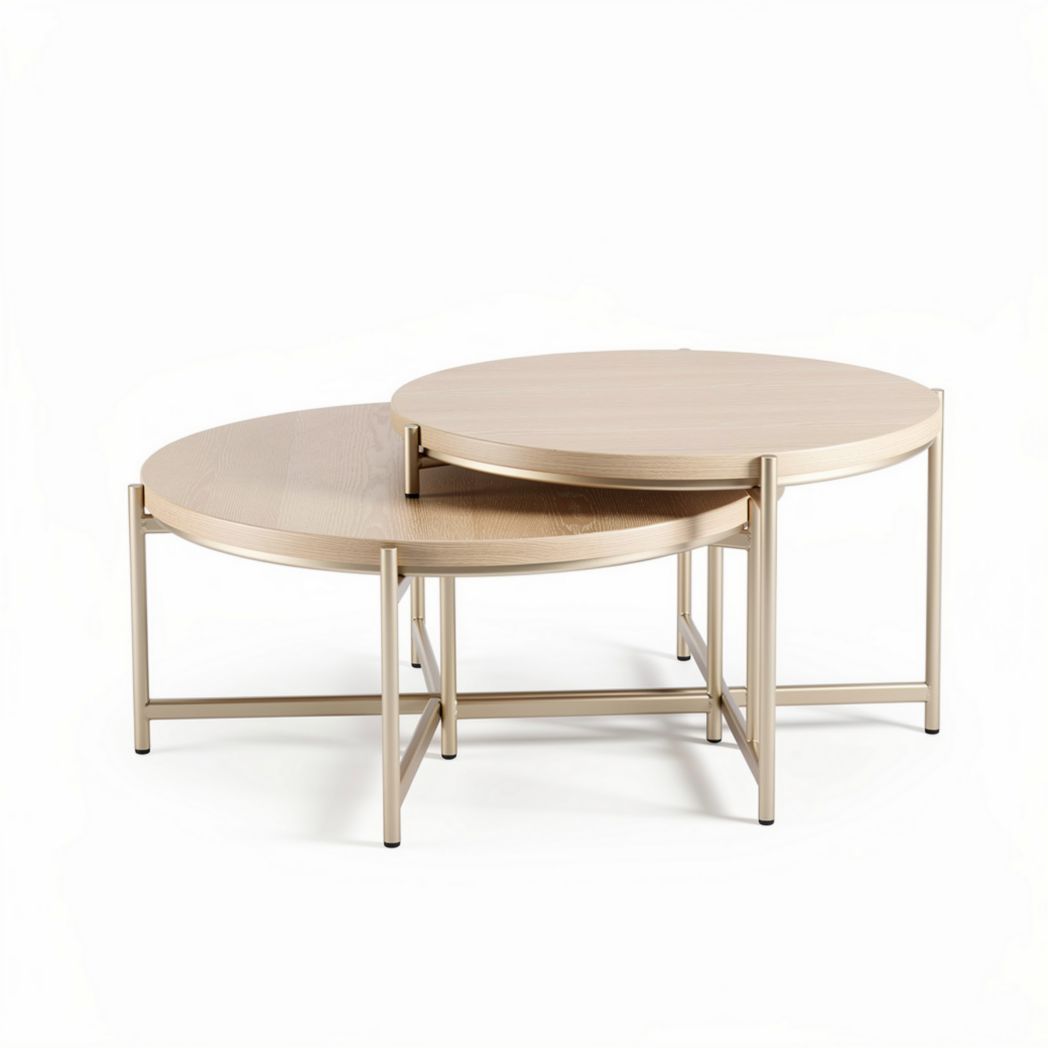 Nested round coffee tables in natural wood finish and metal frame 80 x 80 x 35cm