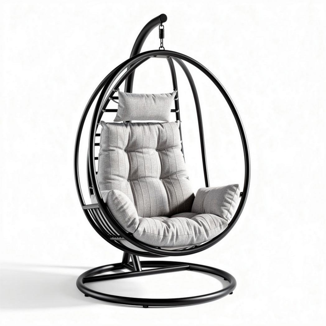Hanging egg chair with soft cushions grey fabric and metal frame 80 x 80 x 130cm
