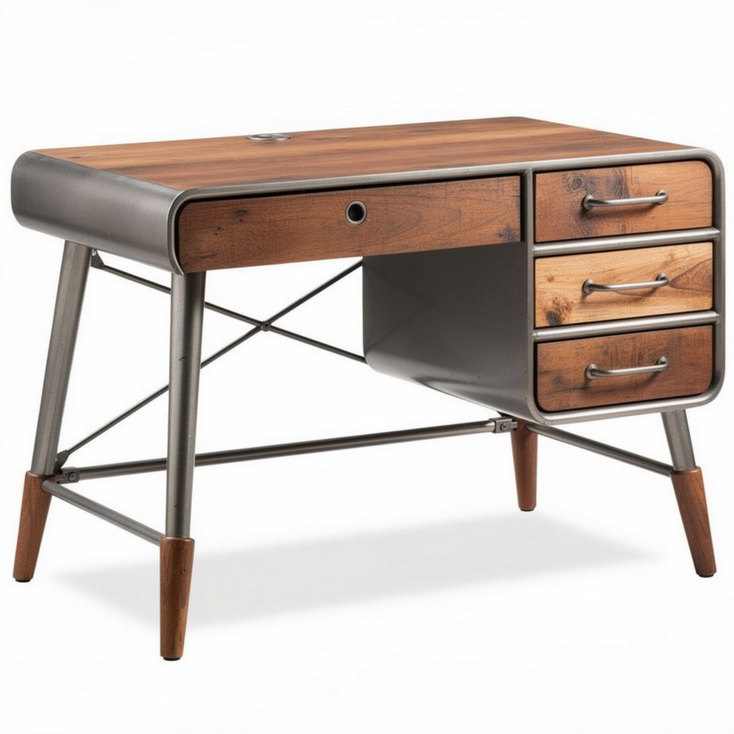 Industrial style wooden desk with metal accents and storage drawers 120 x 60 x 75cm