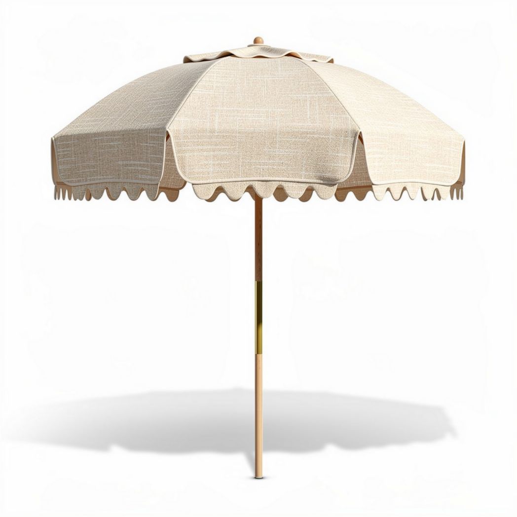 Outdoor patio umbrella in beige with wooden pole and scalloped edges