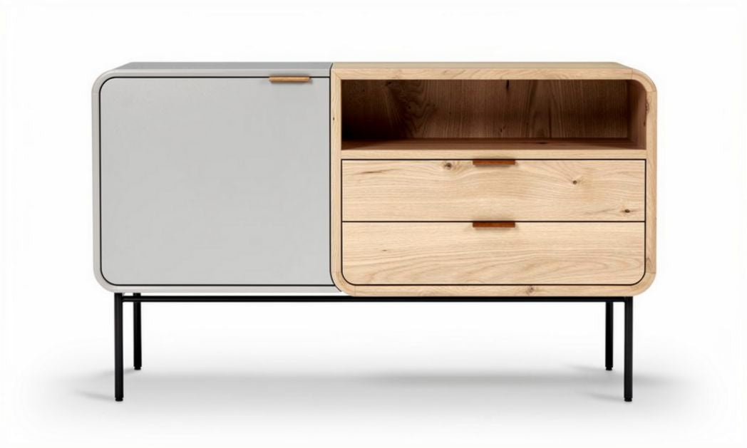Modern wooden media console with gray finish and black metal legs 50 x 70 x 50cm