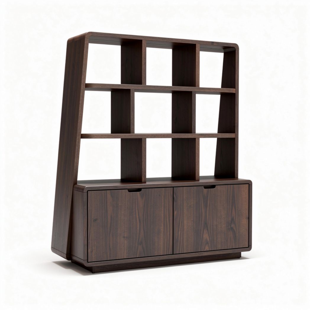 Modern wooden bookcase with storage cabinets and staggered shelving design 150 x 40 x 180cm