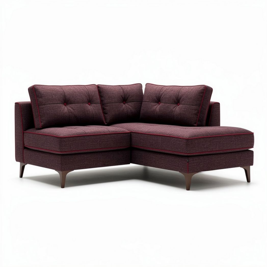 L-shaped sectional sofa in burgundy fabric with wooden legs 180 x 90 x 85cm