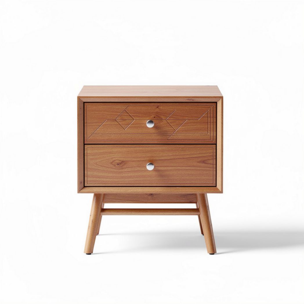 Wooden nightstand with two drawers and geometric design in natural finish