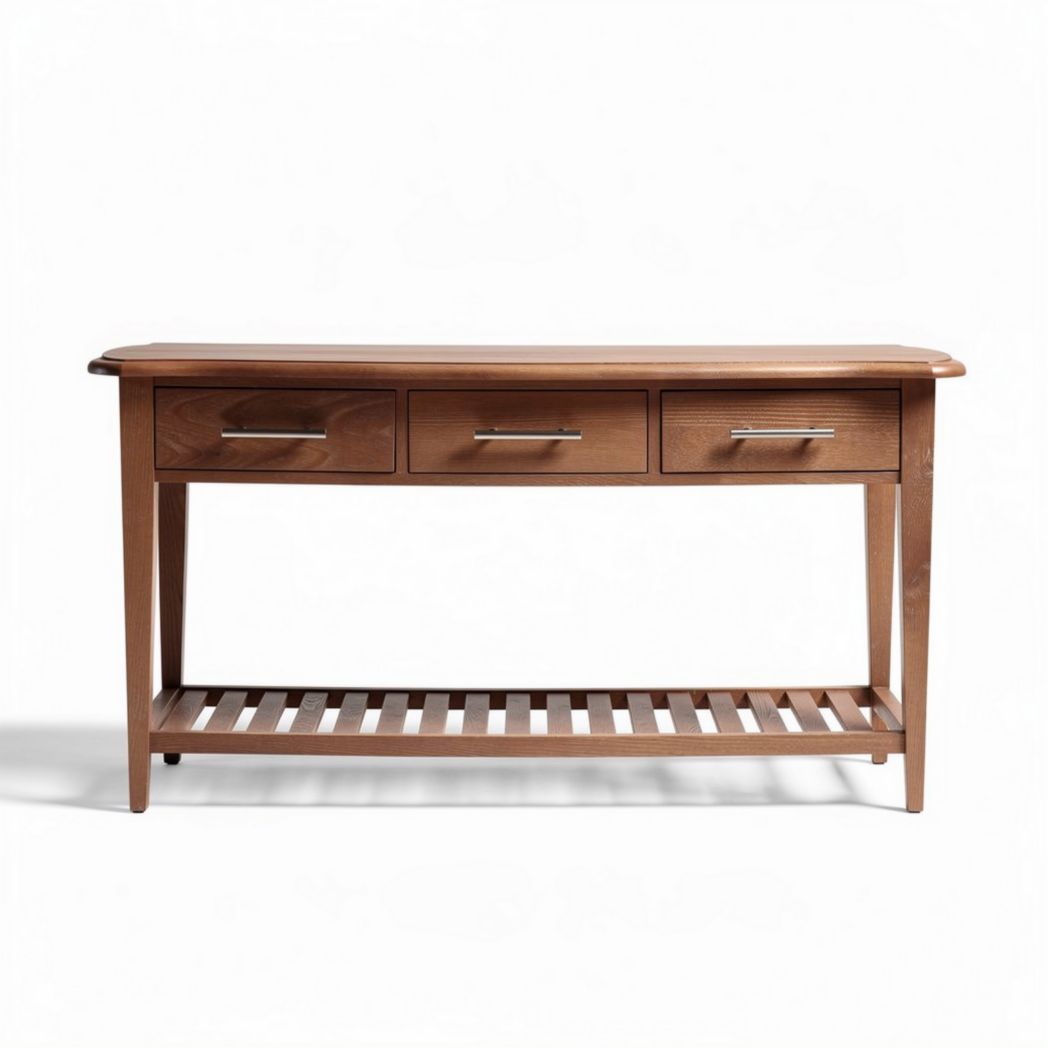Wooden console table with three drawers and open shelf 54 x 16 x 30 inches