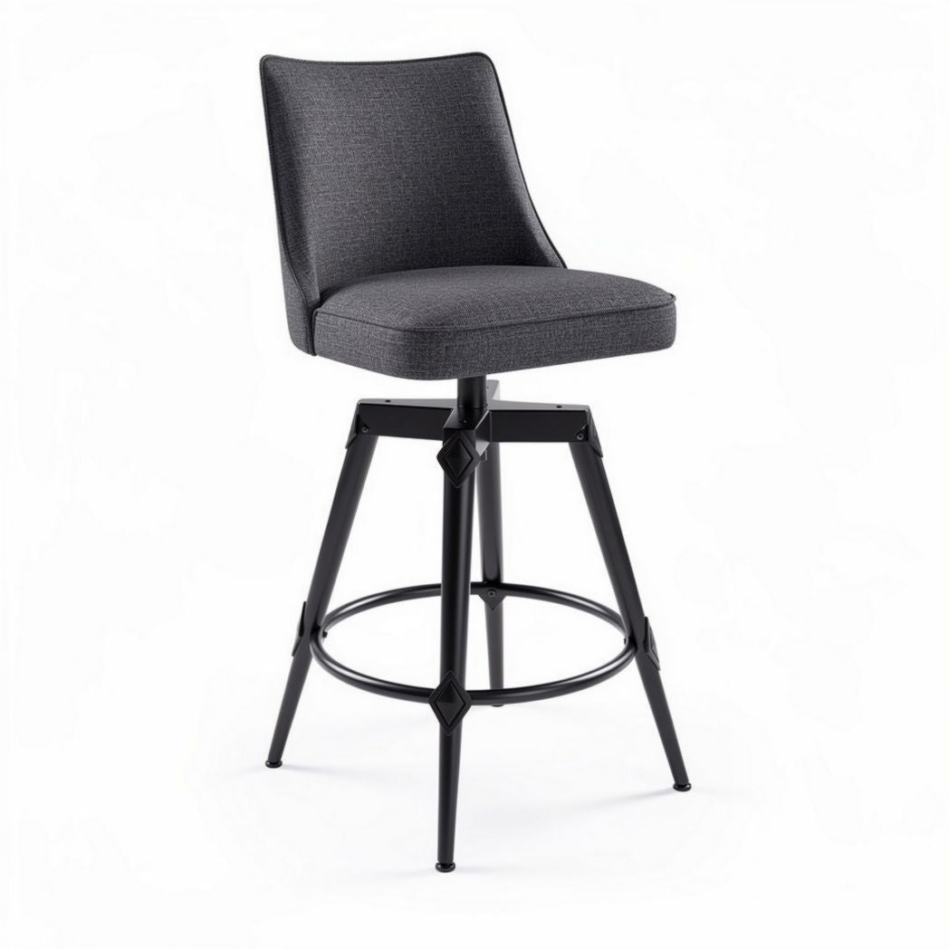 Swivel bar stool with gray fabric upholstery and black metal base 50 x 50 x 110cm